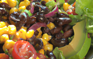 Southwest Salad: Lettuce, black beans, corn, avocado, red onion, cherry tomatoes, and a spicy dressing.