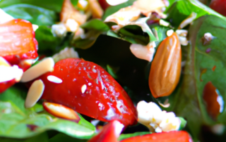 Spinach and Strawberry Salad: Spinach, sliced strawberries, crumbled feta cheese, sliced almonds, and a balsamic vinaigrette dressing.