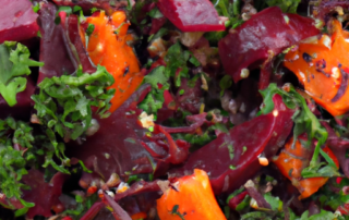 Roasted Vegetable Kale Salad: Roast a variety of vegetables, such as sweet potatoes, beets, and carrots, and toss them with kale, quinoa, and a simple vinaigrette for a filling and nutritious salad.