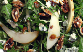 Arugula and Pear Salad with Blue Cheese and Walnuts: Toss arugula with sliced pears, crumbled blue cheese, and chopped walnuts. Drizzle with a simple vinaigrette of olive oil, balsamic vinegar, and honey.