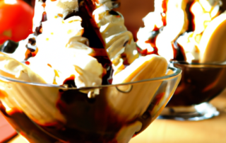 Caramelized banana split sundae with whipped cream and nuts
