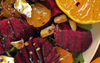Citrus and Beet Salad: Roast beets until tender and let cool. Slice and mix with segmented oranges or grapefruits, crumbled goat cheese, and chopped walnuts. Drizzle with a citrus dressing made with orange juice, balsamic vinegar, and olive oil.