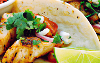 Grilled Cod Tacos: Cod fillets are marinated in a spicy lime and cilantro marinade, grilled until charred and served in warm tortillas with salsa and avocado.