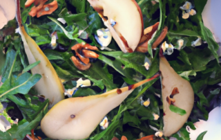 Arugula and Pear Salad with Blue Cheese and Walnuts: Toss arugula with sliced pears, crumbled blue cheese, and chopped walnuts. Drizzle with a simple vinaigrette of olive oil, balsamic vinegar, and honey.