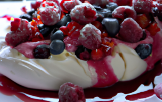 Berry Pavlova: A light and airy meringue base, topped with whipped cream and a mix of fresh berries, drizzled with a raspberry sauce.