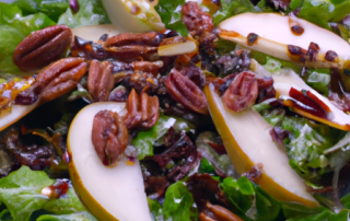 Mixed Greens and Pear Salad with Gorgonzola and Candied Pecans: Mix together a variety of greens, such as romaine, radicchio, and endive, with sliced pears, crumbled Gorgonzola cheese, and homemade candied pecans. Drizzle with a red wine vinaigrette.