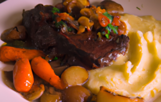 Slow-cooked Beef Brisket - juicy and flavorful, served with mashed potatoes and roasted vegetables.