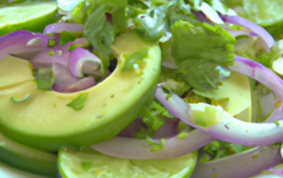 Cucumber and avocado salad with red onion, cilantro, and a lime dressing.