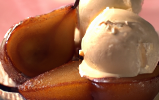 Poached Pears with Vanilla Ice Cream: A simple yet elegant dessert that features tender, juicy pears poached in a spiced syrup and served with a scoop of creamy vanilla ice cream.