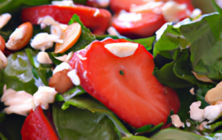 Spinach and Strawberry Salad: Spinach, sliced strawberries, crumbled feta cheese, sliced almonds, and a balsamic vinaigrette dressing.