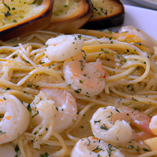 Shrimp scampi pasta with garlic bread