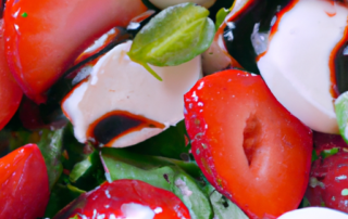 Summer Berry Caprese Salad: Sliced fresh mozzarella cheese, cherry tomatoes, and sliced strawberries arranged on a platter. Drizzle with a balsamic glaze and sprinkle with fresh basil leaves for a colorful and refreshing salad.