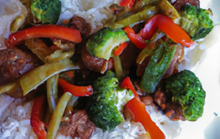 Turkey and Vegetable Stir-Fry: Ground turkey is stir-fried with vegetables like broccoli, carrots, and bell peppers, and served over rice for a healthy and flavorful meal.