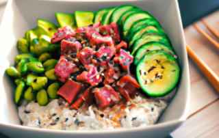 Tuna Poke Bowl: diced tuna steak served over a bed of rice and mixed with avocado, cucumber, edamame, and sesame seeds.