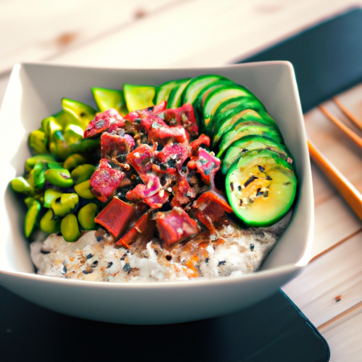 Tuna Poke Bowl: diced tuna steak served over a bed of rice and mixed with avocado, cucumber, edamame, and sesame seeds.