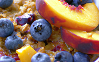 Peach and Blueberry Crisp: A delicious combination of two summer fruits, this dessert features a crunchy oat topping over a layer of sweet peaches and blueberries.