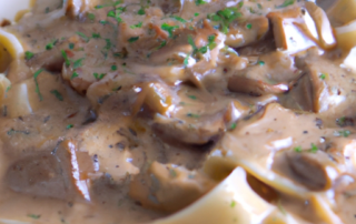 Beef Stroganoff - tender strips of beef in a creamy mushroom sauce served over egg noodles.