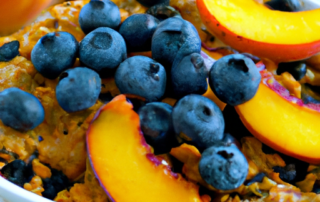 Peach and Blueberry Crisp: A delicious combination of two summer fruits, this dessert features a crunchy oat topping over a layer of sweet peaches and blueberries.