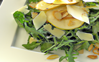 Apple and arugula salad with shaved Parmesan cheese, toasted almonds, and a lemon vinaigrette.