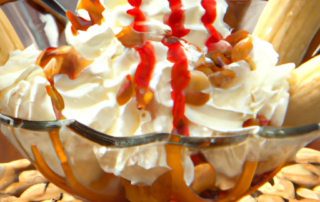 Caramelized banana split sundae with whipped cream and nuts