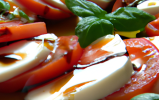 Caprese Salad - sliced juicy tomatoes, fresh mozzarella, and basil leaves drizzled with balsamic glaze and olive oil.