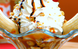 Caramelized banana split sundae with whipped cream and nuts