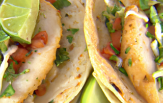 Grilled Cod Tacos: Cod fillets are marinated in a spicy lime and cilantro marinade, grilled until charred and served in warm tortillas with salsa and avocado.