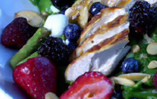 Grilled Chicken and Berry Salad: Grilled chicken breast served over a bed of mixed greens, topped with sliced strawberries, blackberries, and blueberries. Add some crumbled goat cheese, sliced almonds, and a raspberry vinaigrette dressing for a sweet and savory salad.