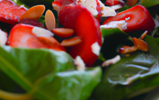 Spinach and Strawberry Salad: Spinach, sliced strawberries, crumbled feta cheese, sliced almonds, and a balsamic vinaigrette dressing.