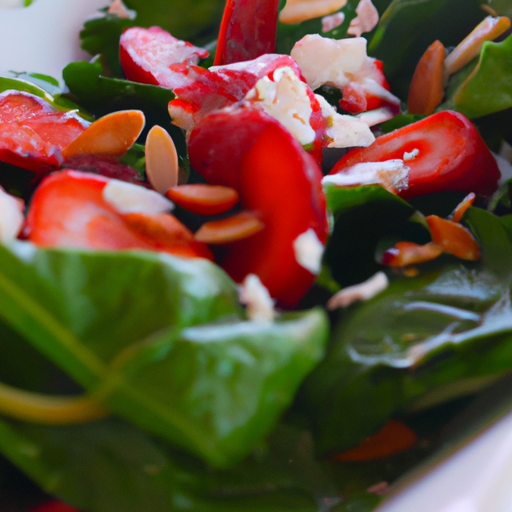 Spinach and Strawberry Salad: Spinach, sliced strawberries, crumbled feta cheese, sliced almonds, and a balsamic vinaigrette dressing.