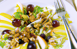 Waldorf Salad: Mixed greens, apples, grapes, celery, walnuts, and a honey-mustard dressing.