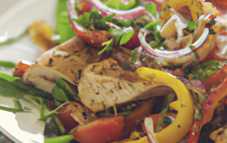 Grilled chicken and bell pepper salad with mixed greens, cherry tomatoes, red onion, and a balsamic vinaigrette.
