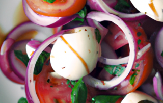 Caprese salad with red onions, fresh mozzarella, tomatoes, basil, and balsamic glaze